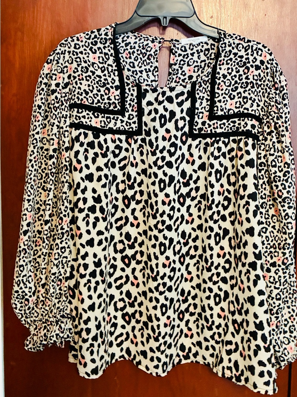 Maurices Cream Leopard Print Blouse with Black Trim and Pink Spots
